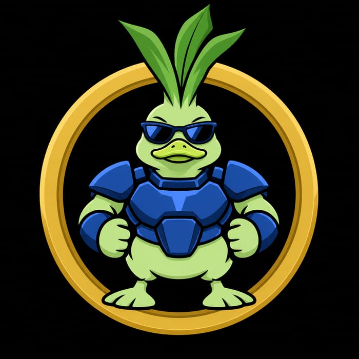 Leeking Duck logo with a compact pale-green duck, green leek leaves, dark blue sunglasses, and blue armor in flat colors with bold outlines.