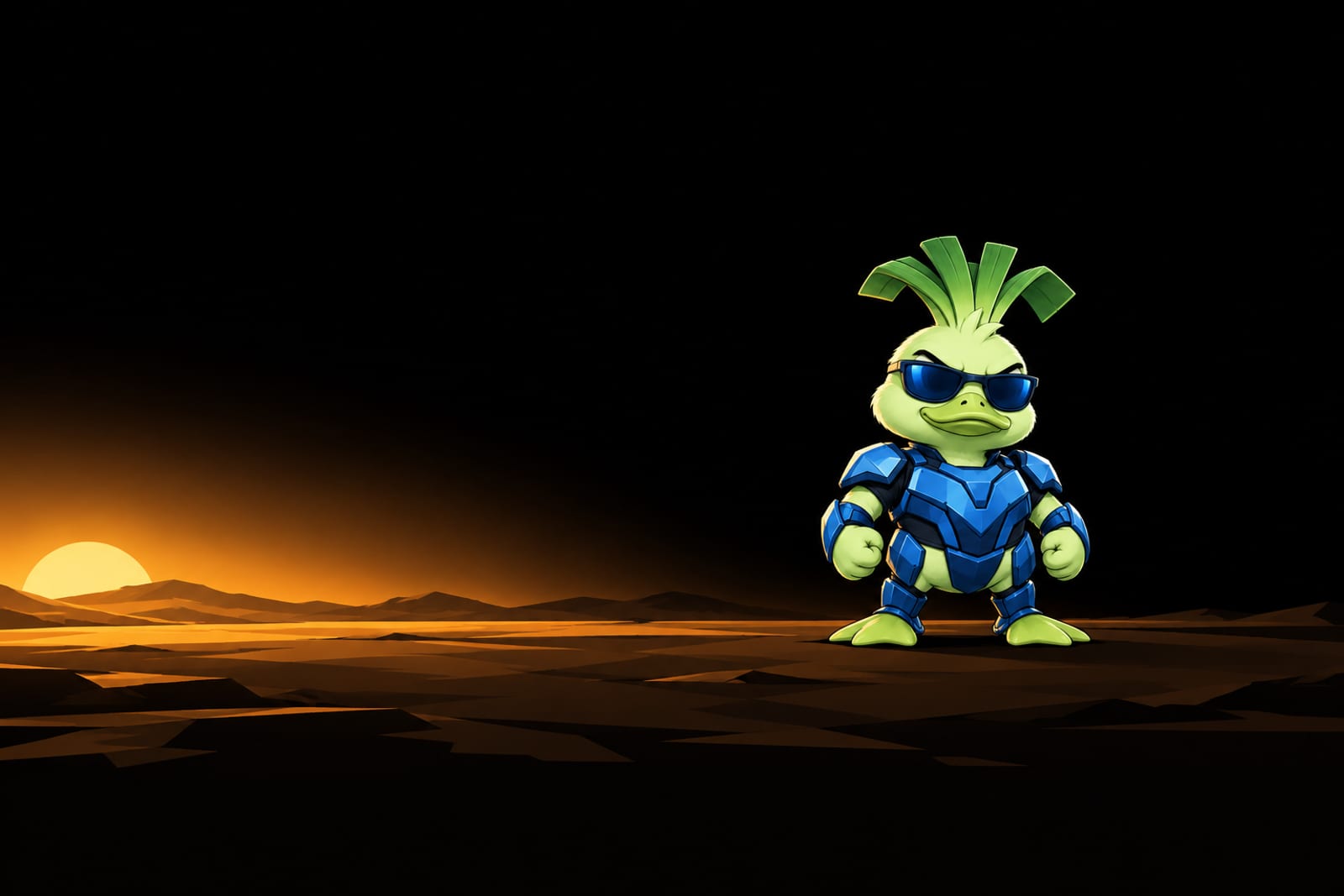Leeking Duck, a pale-green cartoon duck with a short bill, green leek leaves, dark blue sunglasses, and blue futuristic armor, stands with clenched wings on black.